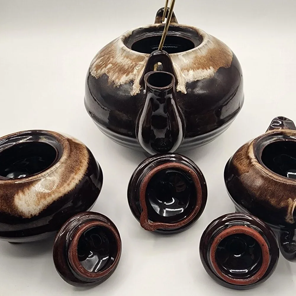 Vintage Redware Drip Glaze Teapot Creamer Sugar Set Wire Handle Ceramic Japan